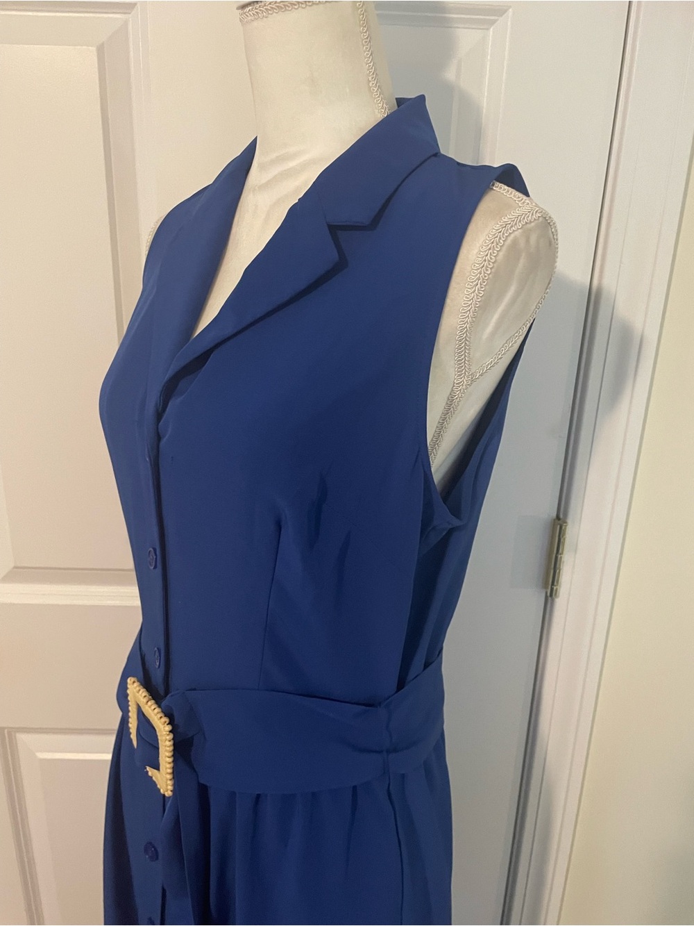 Sleeveless Blue Button-Front Maxi Dress with Waist Tie - Picture 7 of 10